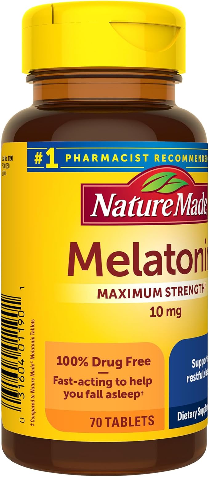 Nature Made Melatonin 10mg Maximum Strength Tablets, 100% Drug Free Sleep Aid for Adults, 70 Count, 70 Day Supply (Pack of 2)