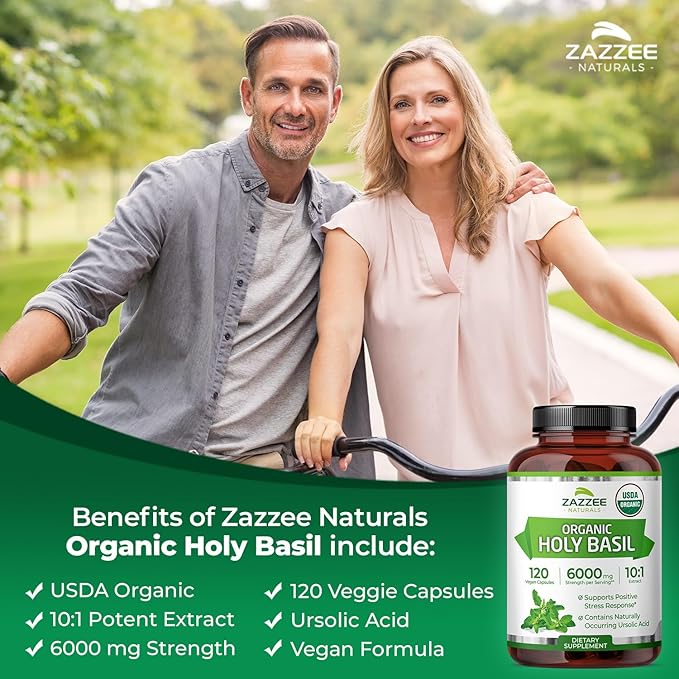 Zazzee USDA Organic Holy Basil 10:1 Extract, 6000 mg Strength, 120 Vegan Capsules, Concentrated and Standardized 10X Tulsi Extract, Ursolic Acid, 100% Certified Organic, Non-GMO