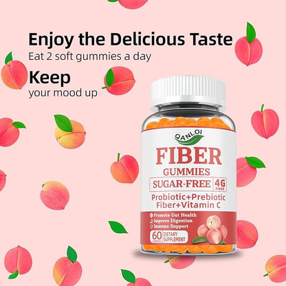 Probiotics + Prebiotics Fiber Gummies for Adults, 60 Billion CFU, 4g Prebiotic Per Serving, Promotes Intestinal Health & Enhances Immune System, Sugar Free, 60 Gummies