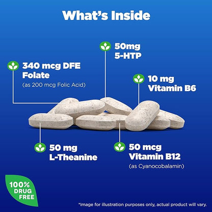 Natrol Mood Positive 5-HTP 50mg With L-Theanine, Vitamin B6, Vitamin B12 and Folate, Dietary Supplement Helps Support a Positive Mood, 50 Tablets, 25-50 Day Supply (Pack of 12)