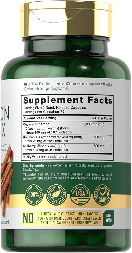 Carlyle Ceylon Cinnamon Complex with Gymnema and Mulberry | 150 Capsules | Non-GMO, Gluten Free Supplement