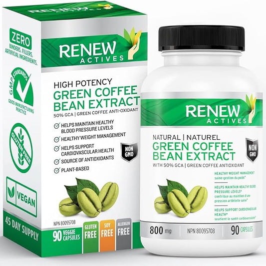 Renew Actives High Potency Green Coffee Bean Extract - 800mg per Serving Green Coffee Bean Extract with 50% Chlorogenic Acid for Antioxidant Benefits - Made in Canada - 90 Vegan Capsules