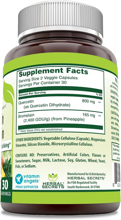 Herbal Secrets Quercetin 800 Mg with Bromelain 165 Mg Supplement | 60 Veggie Capsules | Non-GMO | Gluten-Free | Made in USA
