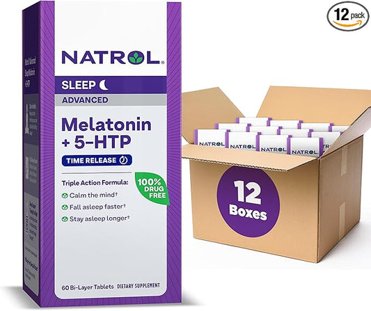 Natrol Advanced Sleep Melatonin + 5HTP, 6mg, Calming Sleep Aid for Restful Sleep, 60 Time-Release Tablets, 60-Day Supply (Pack of 12)