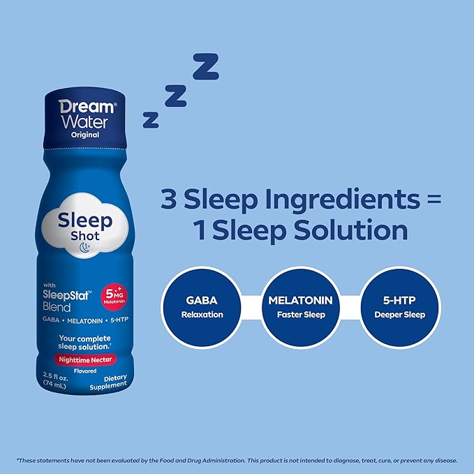 Dream Water Sleep Aid Supplement Drink; Melatonin 5mg, GABA, 5-HTP; Zero sugar, Natural flavors, No added colors, 2.5 oz liquid sleep shots, Nighttime Nectar, 24-Count