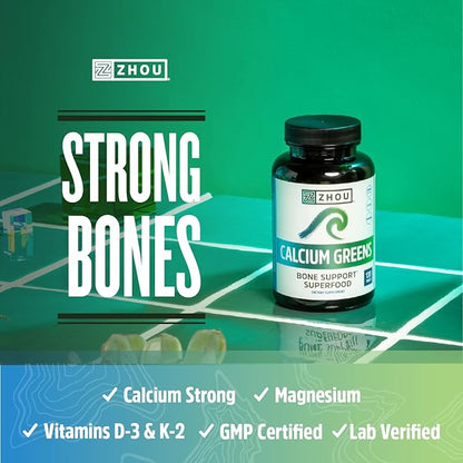 Zhou Nutrition Calcium Greens, Bone Support Superfood, Calcium Magnesium Supplement from Algae, Vitamin D3 K2, 1300mg of Calcium, 120 Tablets