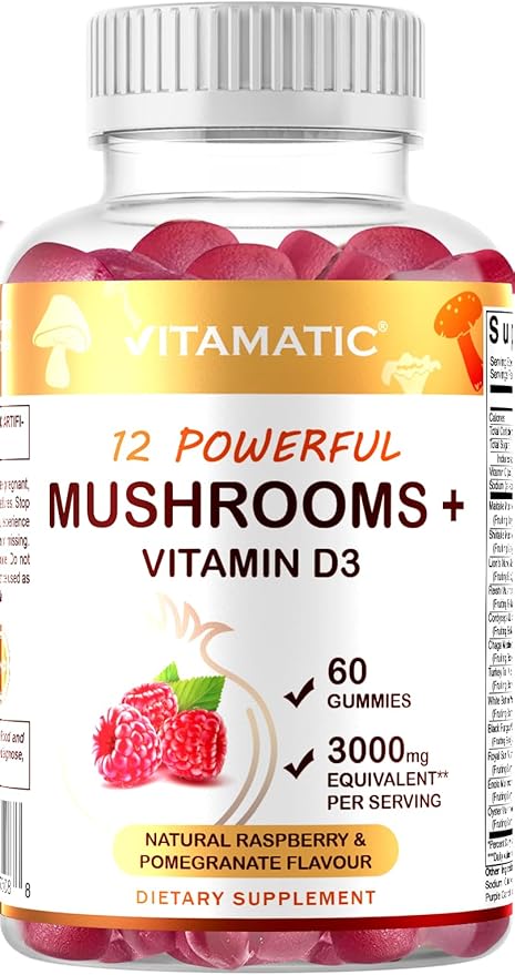Vitamatic Mushroom Complex with D3, 60 Pectin Based Gummies, (Pack of 2)