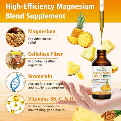 2 Pack Magnesium Glycinate Liquid, High Absorption Magnesium Liquid Drops with Cellulose Fiber, Bromelain, Vitamins B6 C D & Zinc, Magnesium Supplement for Adults & Kids, Pineapple Flavor