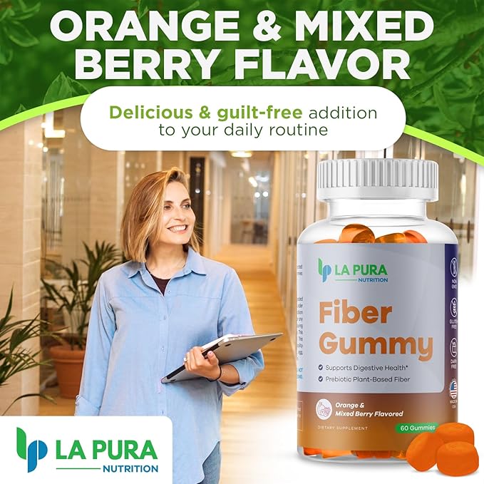 LaPura Prebiotic Chicory Root Fiber Gummy 5g, 60 Gummies - Supports Digestive Health, Prebiotic Plant-Based Fiber Blend - Orange & Mixed Berry Flavor - Non-GMO, Gluten-Free, Made in USA