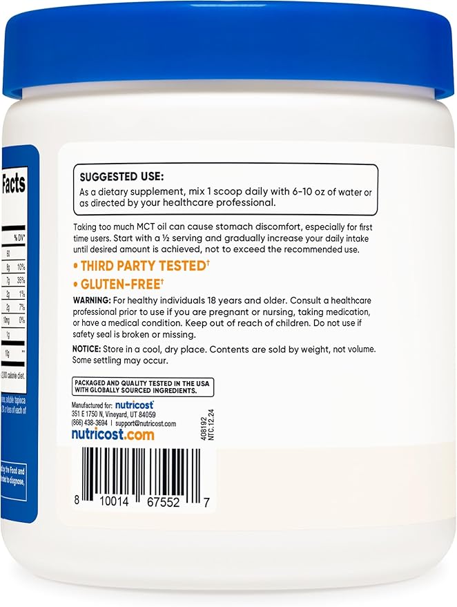 Nutricost Premium MCT Oil Powder .5LBS - Best For Keto, Ketosis, and Ketogenic Diets - Zero Net Carbs, Non-GMO and Gluten Free