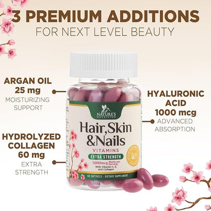 Hair Vitamins Women, Ultra Strength 5000mcg Biotin, Collagen, PABA & More - Womens Hair Growth, Skin, Nails & Keratin Support Supplement, Infused w/ Argan Oil & Hyaluronic Acid, Non-GMO - 60 Softgels