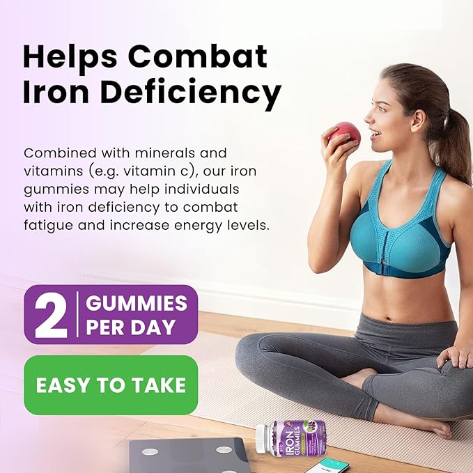 Iron Gummies with Multivitamin, Iron Supplement for Women & Men with Zinc, Vitamin B Complex & C, B12, Folate - Blood Builder & Energy Support for Adults & Kids - Grape Flavor, Vegan 60 Gummies
