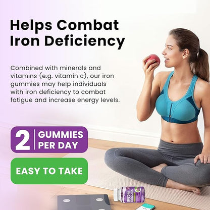 Iron Gummies with Multivitamin, Iron Supplement for Women & Men with Zinc, Vitamin B Complex & C, B12, Folate - Blood Builder & Energy Support for Adults & Kids - Grape Flavor, Vegan 60 Gummies