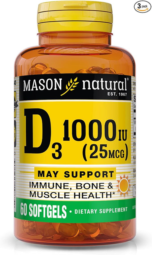 MASON NATURAL Vitamin D3 25 mcg (1000 IU) - Supports Overall Health, Strengthens Bones and Muscles, from Fish Liver Oil, 60 Softgels (Pack of 3)