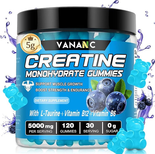 Creatine Monohydrate Gummies 5000g for Men Women, Sugar Free Chewables Creatine Pre-Workout Supplement with L-Taurine + Vitamins for Muscle Strength, Boost Energy & Endurance,120 Gummies-Blueberry