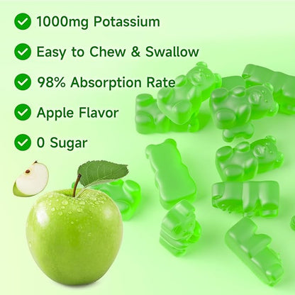 Potassium Gummies 1000mg for Adults & Kids, High Dose Potassium Gluconate Supplement Potassium Gluconate Gummies Support Muscle Cramps Electrolyte Balance, Apple Flavor 120 Count