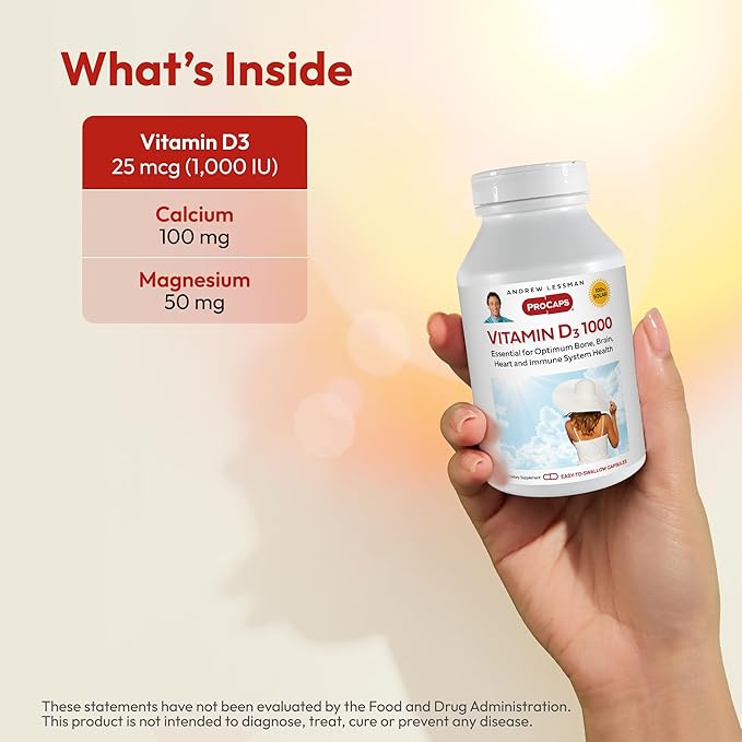 ANDREW LESSMAN Vitamin D3 1000 IU 60 Capsules - High Potency, Essential for Calcium Absorption, Supports Bone Health, Healthy Muscle Function, Immune System, More. Small Easy to Swallow Capsules