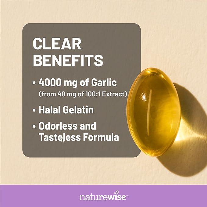 NatureWise Odorless Garlic Supplement 4000mg - Ultra Potent 100:1 Extract - Healthy Cholesterol Formula, Heart Health Support - Non-GMO, Gluten Free, with Halal Gelatin - 60 Count[30-Day Supply]