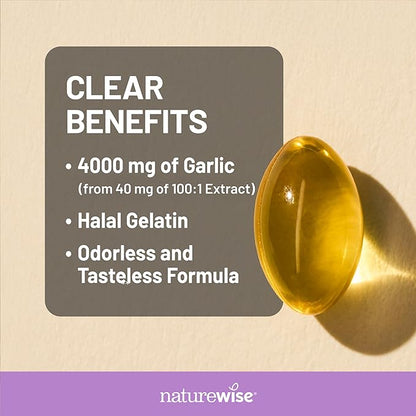 NatureWise Odorless Garlic Supplement 4000mg - Ultra Potent 100:1 Extract - Healthy Cholesterol Formula, Heart Health Support - Non-GMO, Gluten Free, with Halal Gelatin - 60 Count[30-Day Supply]