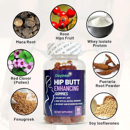 Hip Butt Enhancement Gummies, Booty Multivitamins Supplements for Firm and Lift Bigger Butt for Women, 60 Count