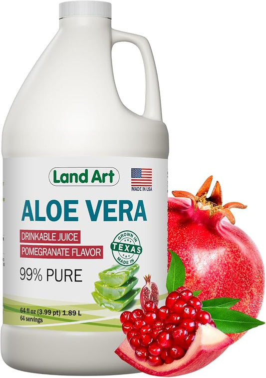 Land Art Pure Aloe Vera Juice - Pomegranate Flavored - Cold-Processed - Inner Filet from Organic Fresh Leaves from Texas - Aid- 64 fl oz