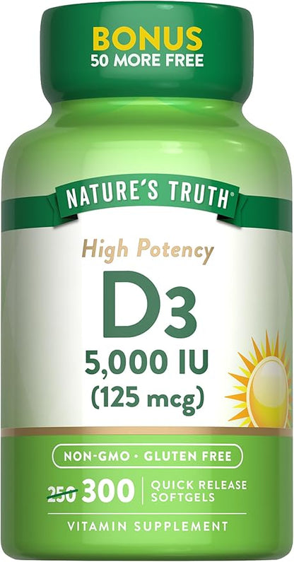 Nature's Truth Vitamin D3 5000 IU (125 mcg) | 300 Softgels | High Potency Vitamin D | Non-GMO and Gluten Free Supplement