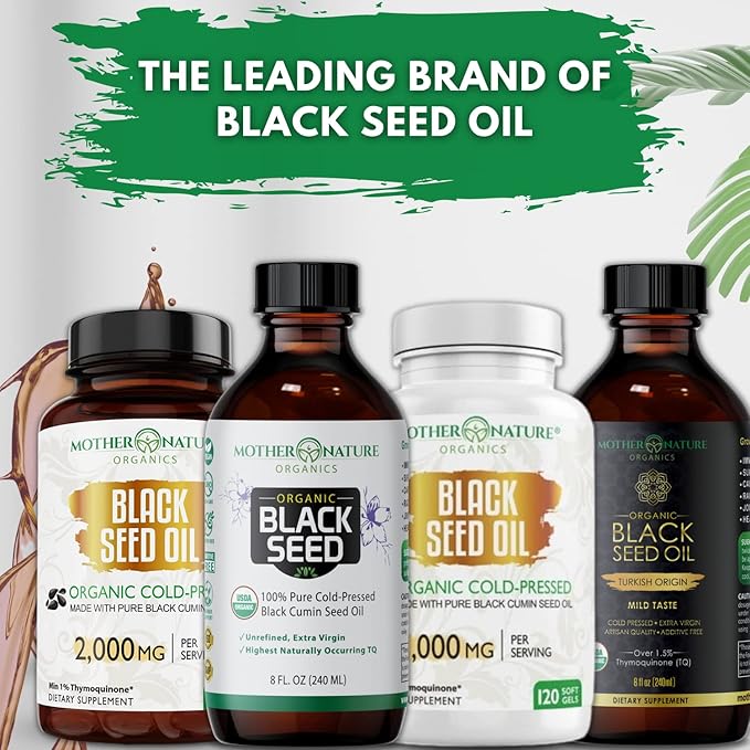 Mother Nature USDA Organic Black Seed Oil, High TQ 2%, Cold Pressed, Unrefined Nigella Sativa, Omega 3 6 9 for Immune, Joint & Heart Support, Hair & Skin, Non-GMO, Glass Bottle 8oz