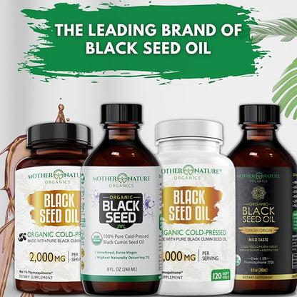 Mother Nature USDA Organic Black Seed Oil, High TQ 2%, Cold Pressed, Unrefined Nigella Sativa, Omega 3 6 9 for Immune, Joint & Heart Support, Hair & Skin, Non-GMO, Glass Bottle 8oz