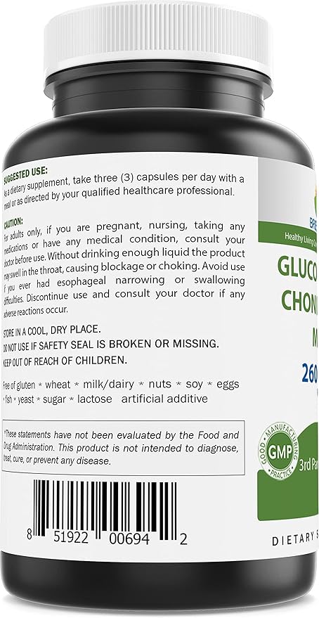 Brieofood Triple Strength Glucosamine Chondroitin MSM 2600mg/Serving Capsules, Supports Healthy Joint, Cartilage and Connective Tissue - Promotes Joint Comfort & Flexibility 180 Count