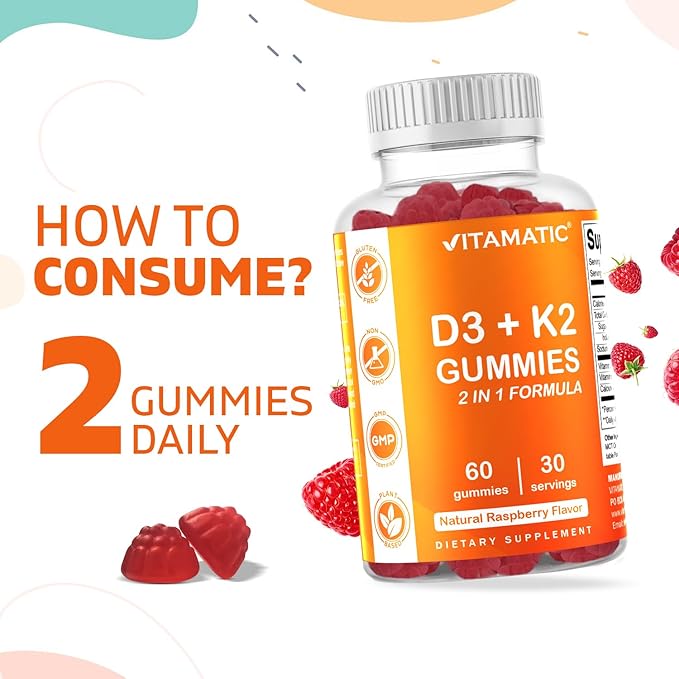 Vitamatic Vitamin D3 & K2 Gummies (2-Pack, 60 Count) Supports Healthy Bones, Heart Health, Calcium Absorption, and Immune Function Plant-Based, Non-GMO, Gluten-Free
