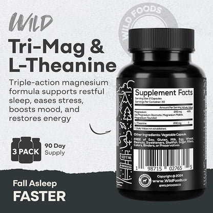 Wild Foods Tri-Mag & L-Theanine – Triple Magnesium Complex for Sleep w/L Theanine – Magnesium Glycinate, Malate, Taurate – 100% Natural – 60 Capsules