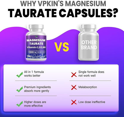 Magnesium Taurate Supplement 1500mg,with Vitamins B6, C & D3,High Absorption for Energy,Vegan, Gluten Free,120 Capsules,2 Month Supply