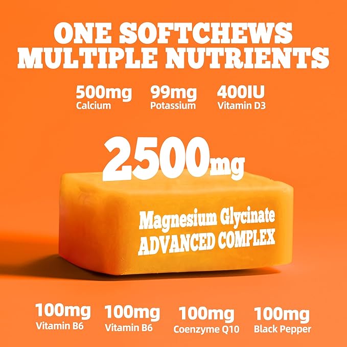 Magnesium Glycinate Soft Chews Supplement,Chewable Sugar Free Potassium Magnesium Chews with Magnesium Glycinate, Vitamin D, B6, and CoQ10 for Calm Support & Sleep for Adults,60 Days Supply-Orange