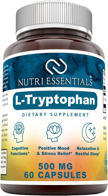 L-Tryptophan Dietary Supplement 500 mg 60 Capsules (Non-GMO) - Natural Sleep Aid Supplements with 500 mg of Free Form L Tryptophan - Circulation & Immune Support*