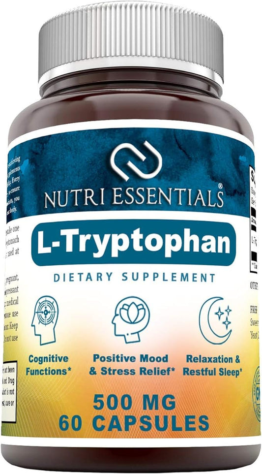 L-Tryptophan Dietary Supplement 500 mg 60 Capsules (Non-GMO) - Natural Sleep Aid Supplements with 500 mg of Free Form L Tryptophan - Circulation & Immune Support*