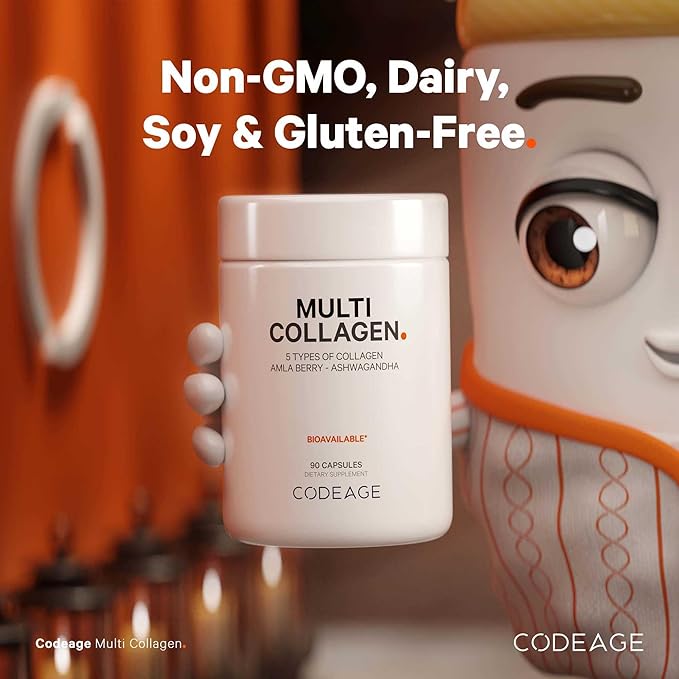 Codeage Multi Collagen Capsules – 5 Collagen Types I, II, III, V & X – Hydrolyzed Grass-Fed Bovine Protein with Ashwagandha, Amla, and Vitamins - 2-Pack