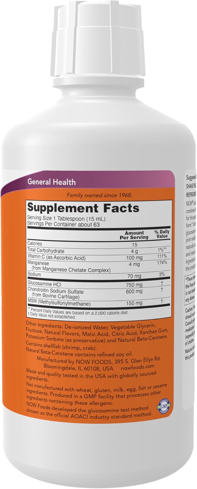 NOW Foods Supplements, Glucosamine & Chondroitin with MSM, Liquid, Joint Health, Mobility and Comfort*, 32-Ounce