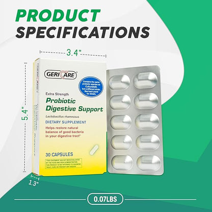 GeriCare Probiotic Digestive Support | Extra Strength 20 Billion CFU Lactobacillus Rhamnosus R-11 Daily Probiotic | Keeps Your Digestive System Balanced | 30 Capsules