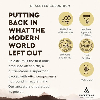 Ancestral Supplements Grass Fed Beef Bovine Colostrum Powder Packets, Immune Support Supplement, Gut, Skin & Hair Health Support Supplements, Promotes Growth and Repair, Non GMO, 30 Sticks, Unflavored