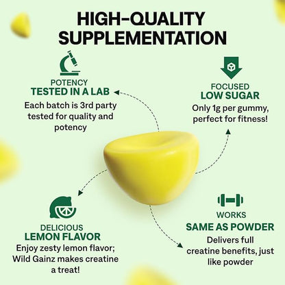 Creatine Monohydrate Gummies for Men & Women 5000mg - Made in USA, Potency Tested, Vegan, Supports Muscle Growth, Strength & Cognitive Function, Non-GMO Gluten-Free Lemon Flavored Creatine 150 Chews