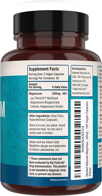 Nested Naturals Magnesium Glycinate Chelate - 200mg Chelated Magnesium Supplement for Muscle Cramps, Relaxation, & Sleep Support - 100% Albion TRACCS Buffered Magnesium Glycinate - 240 Vegan Capsules