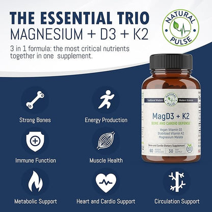 Magnesium Malate + Vegan Vitamin D3 + Stabilized Vitamin K2, Complete Support Supplement for Cellular Energy, Cardiovascular, Immune and Metabolic Health & Bone Strength, 90 Veggie Caps