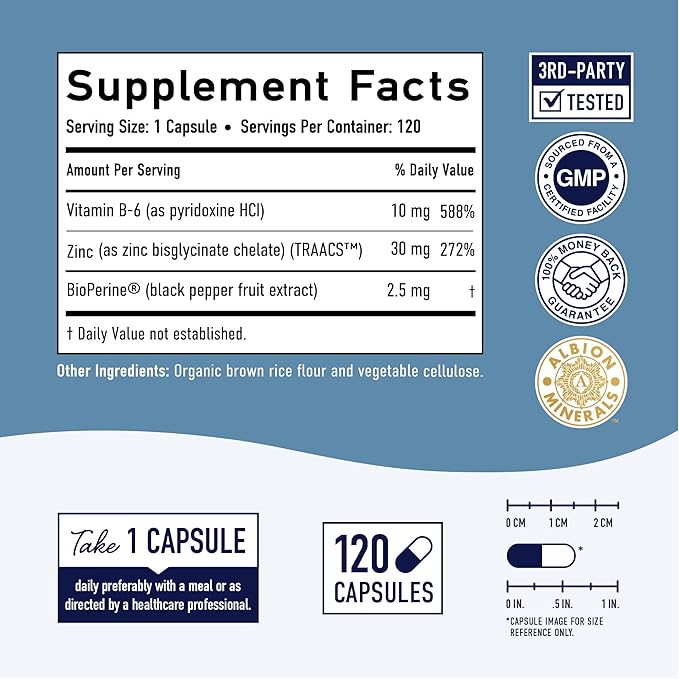 Chelated Zinc Supplements | Zinc Glycinate 30mg | Highly-Absorbable TRAACS Chelated Bisglycinate, Vitamin B6 and BioPerine | Immune Support, Acne & Energy | Non-GMO, Gluten-Free | 120 Capsules