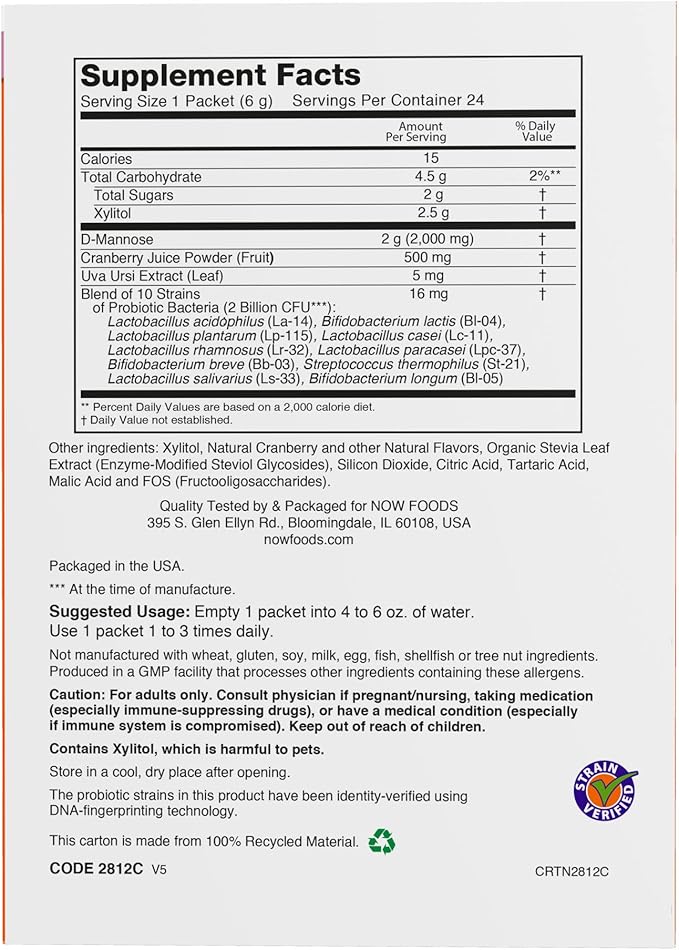 NOW Supplements, Cranberry Mannose + Probiotics with a blend of 10 Probiotic Bacterial Strains, 24/Box