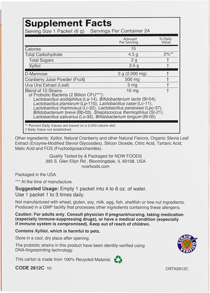 NOW Supplements, Cranberry Mannose + Probiotics with a blend of 10 Probiotic Bacterial Strains, 24/Box