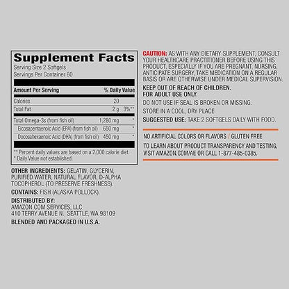 Amazon Elements Super Omega-3, EPA & DHA Omega-3 fatty acids (1280 mg per Serving, 2 Softgels), Natural Lemon Flavor, 120 Count (Packaging may vary)