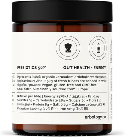 Erbology Organic Jerusalem Artichoke Powder 3.2 oz - 45 Servings - Sunchoke - 50% Prebiotic Inulin Fiber - Supports Gut Health and Promotes Diverse Microbiome - Feed Good Bacteria - Gluten-Free