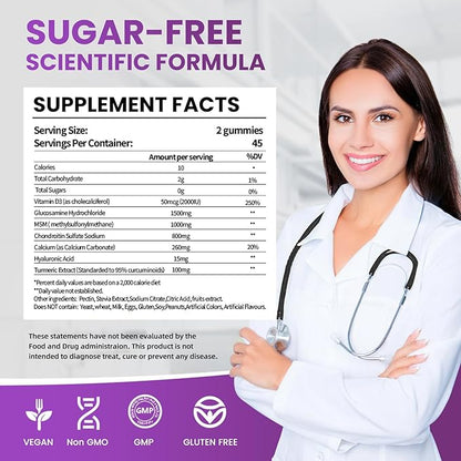 Joint Support Gummies with Glucosamine Chondroitin, Sugar Free, 1500mg Extra Strength with MSM & Turmeric (90 Count)