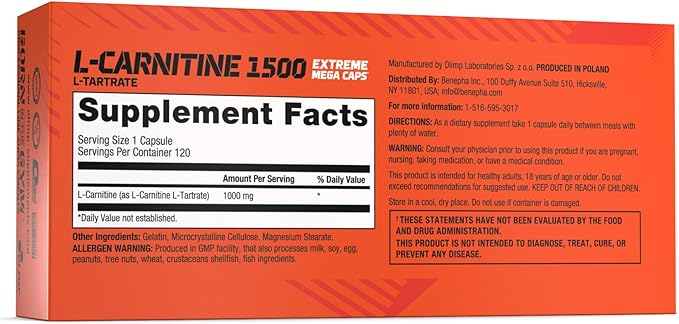 L-Carnitine 1500 Extreme Mega Caps - 120 Capsules, Reduction Booster, Best l carnitine in Tartrate Form, Supplement That Improves Performance