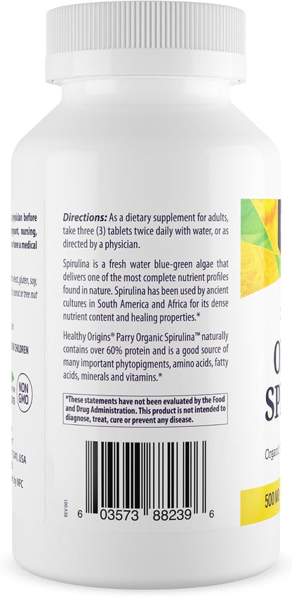 Healthy Origins Spirulina, 500 mg (Organic) - Organic Spirulina Tablet with Vitamin A & Vitamin B12 - Kosher Certified - Vegan, Non-GMO, and Gluten-Free Spirulina Pill - 720 Tablets